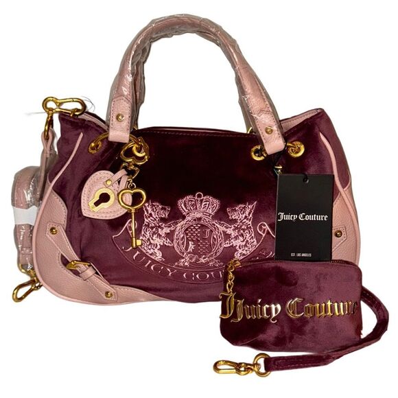 Juicy Couture Bordeaux Velour Pink Faux Leather Nuova Twig Dog Double Handle Bag - Picture 2 of 13